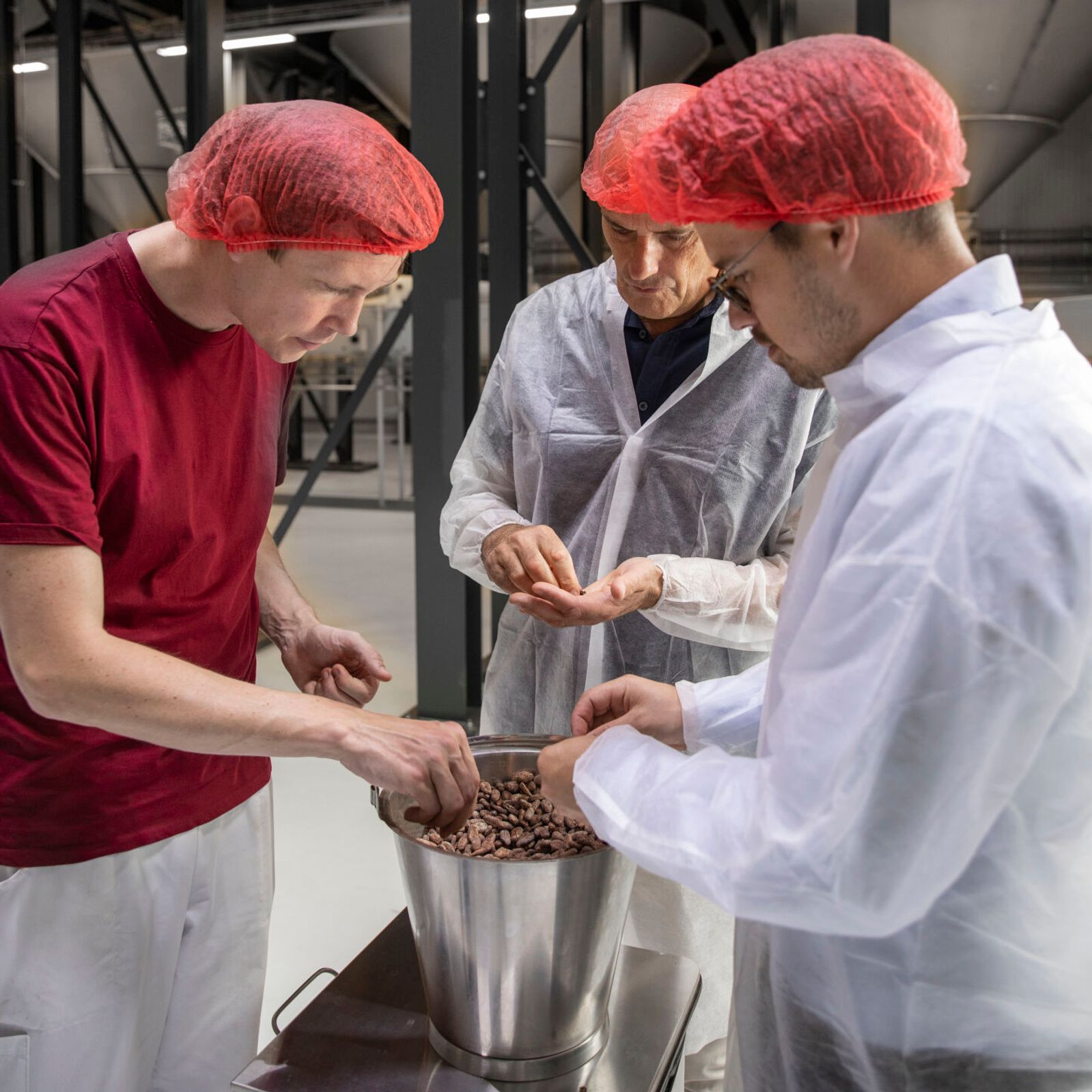 From left: Yannick Rihs, David Yersin and Simon Yersin check the quality of the cocoa beans.