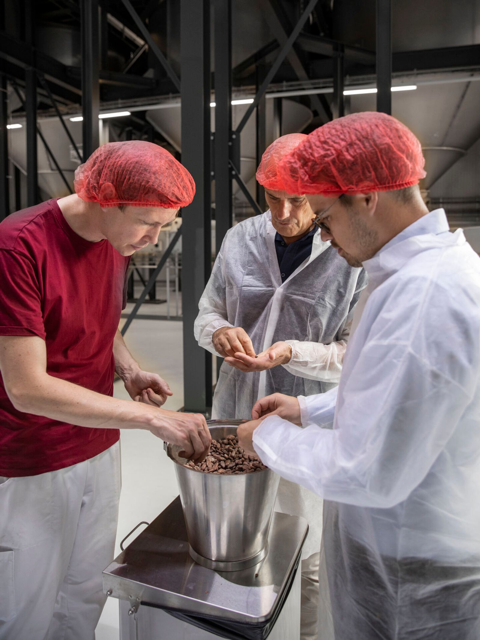 From left: Yannick Rihs, David Yersin and Simon Yersin check the quality of the cocoa beans.