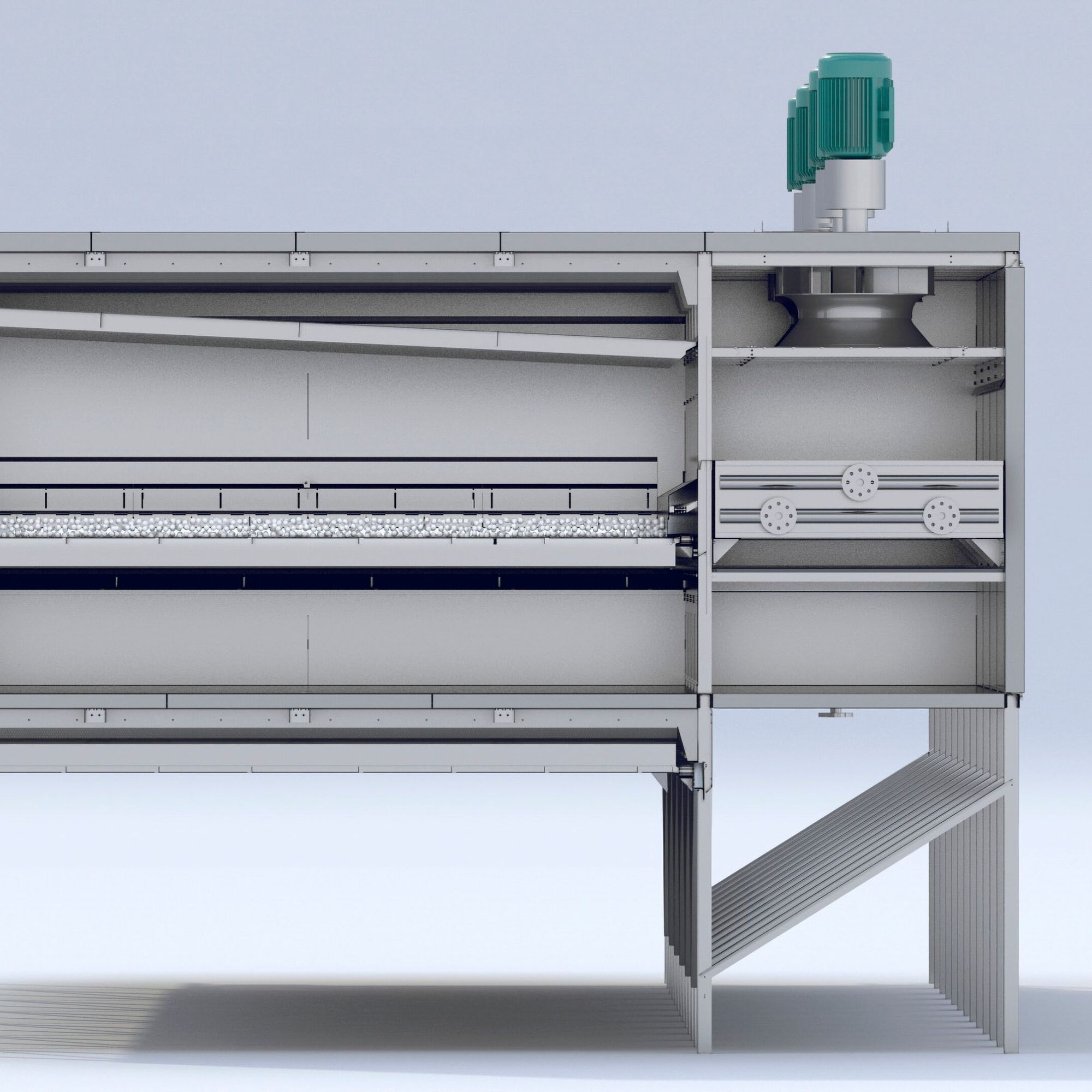 Cross section example of a single plenum, single pass, steam heated dryer