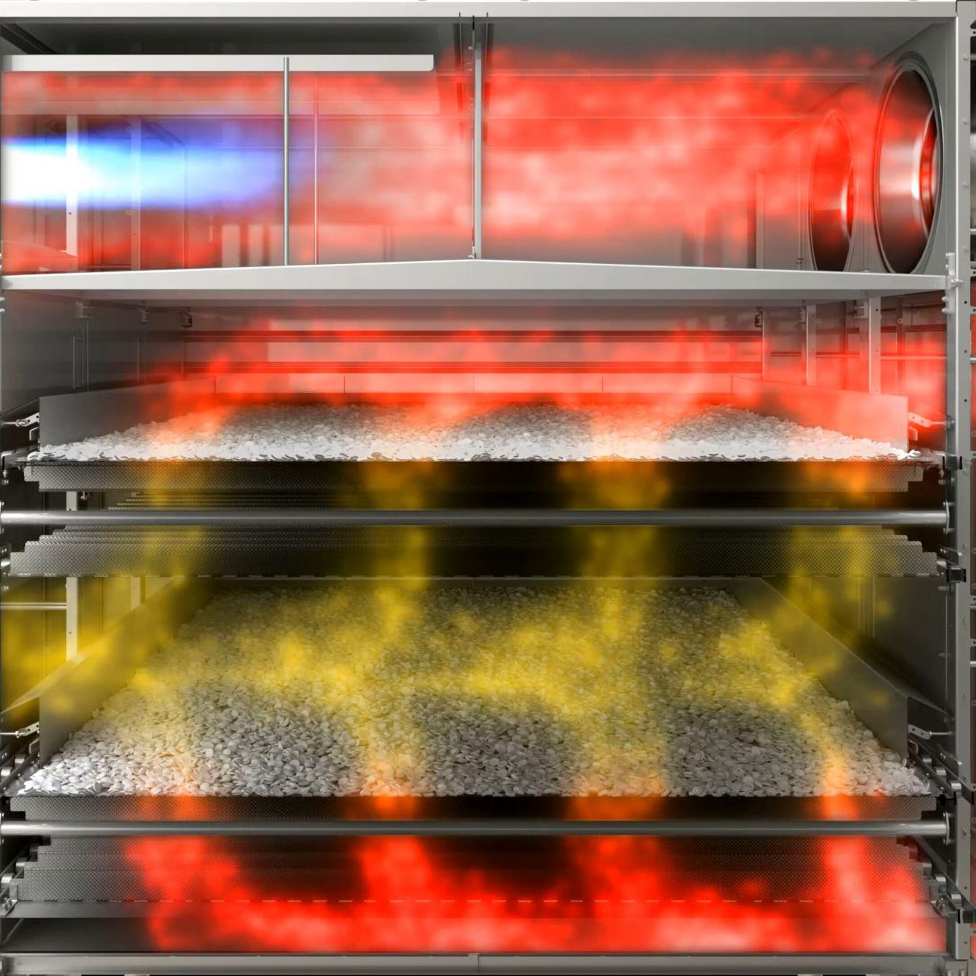 Airflow example of a dual plenum, multipass dryer