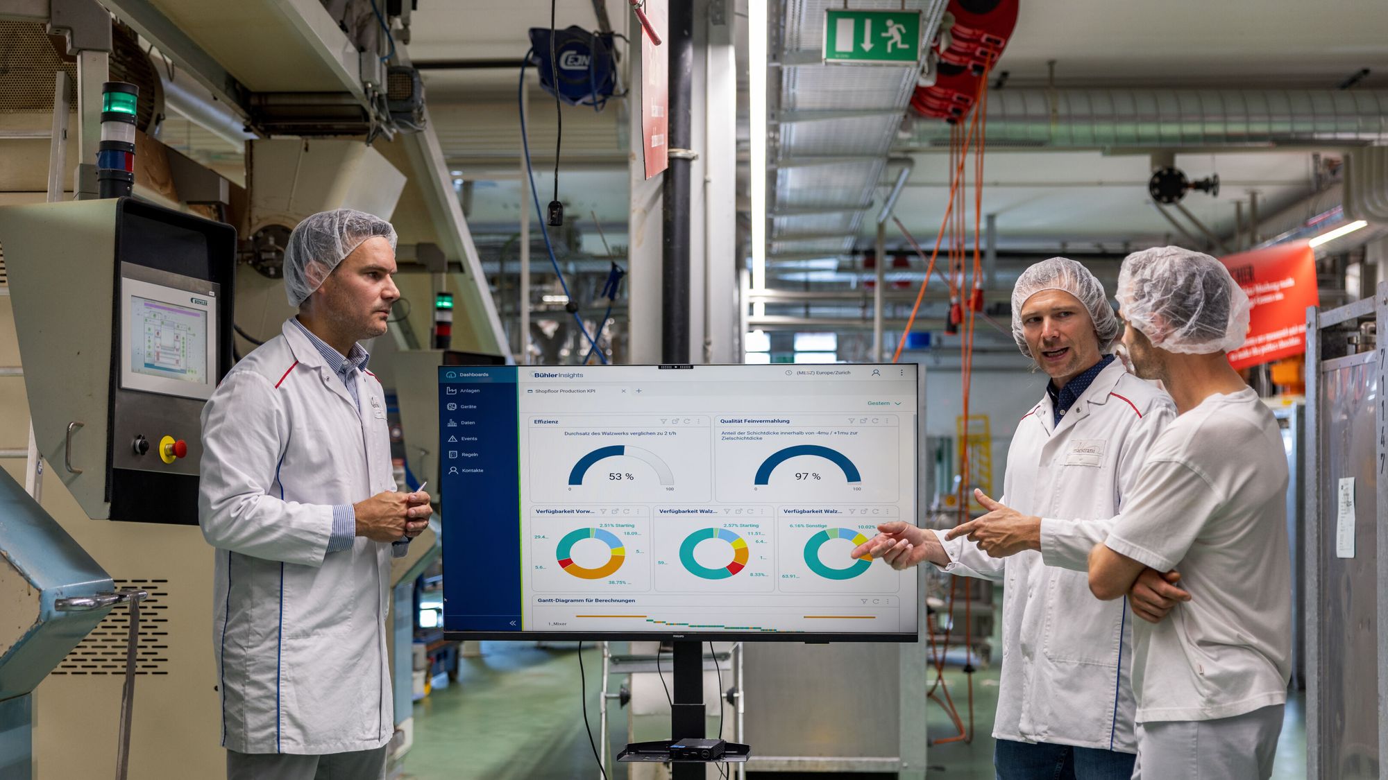 With the data from Bühler Insights, Maestrani has replaced guesswork with actionable insights, achieving nearly 20% efficiency improvement. From left to right: Patrik Keller, Fabian Dintheer, and Carsten Engelhardt. 