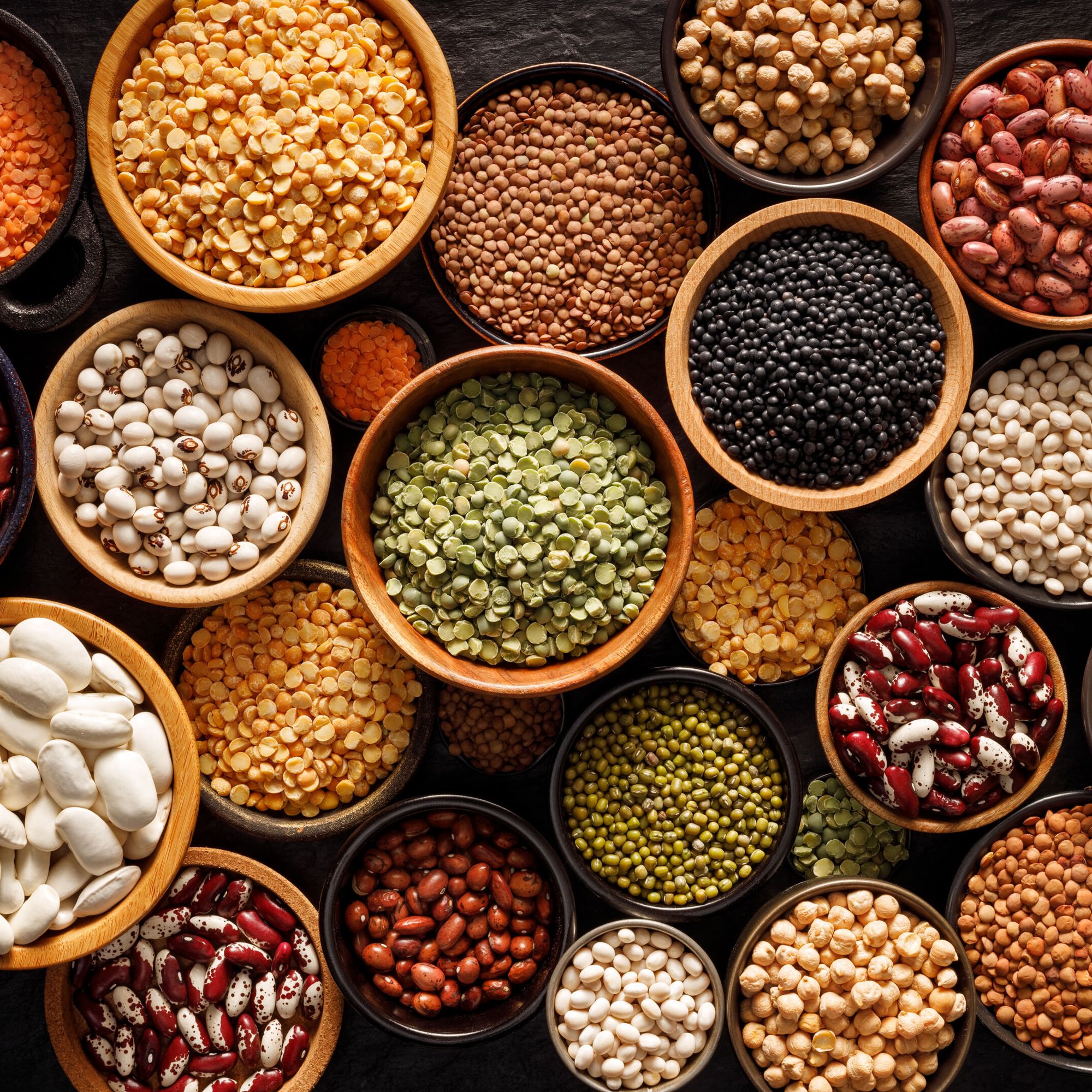 Bowls of assorted pulses