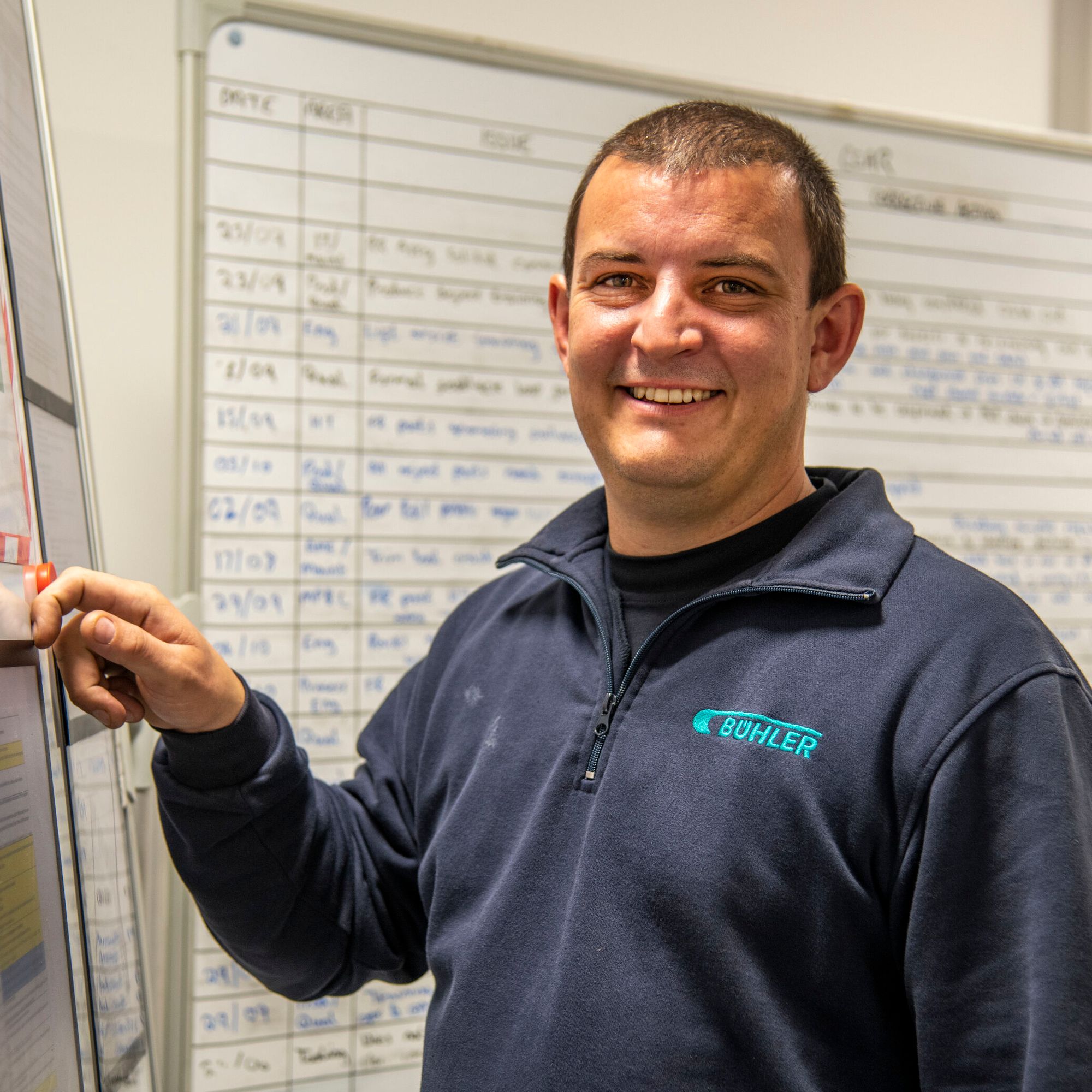 Person standing in front of notes showing something